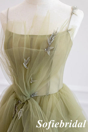 Sexy Dusty-Sage Spaghetti Straps Sleeveless A-Line Prom Dress With Applique, PD01031