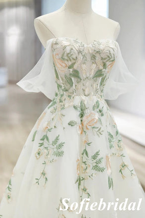 Elegant Tulle Off Shoulder Sleeveless A-Line Lace Up Back Prom Dress With Applique, PD01035