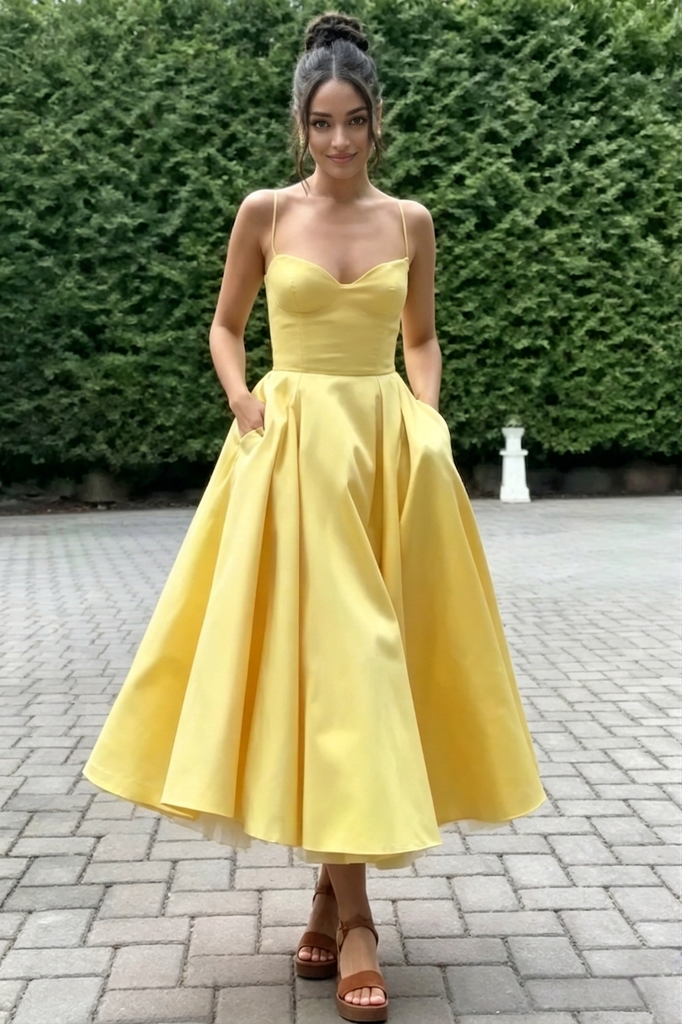Spaghetti Strap Sweetheart Satin Midi Prom Dress A-Line Formal Bridesmaid Gown, PD01283