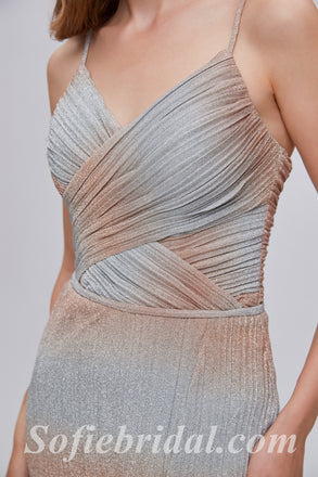 Elegant Special Fabric Spaghetti Straps V-neck Sheath Side Slit Long Prom Dresses,SFPD0349