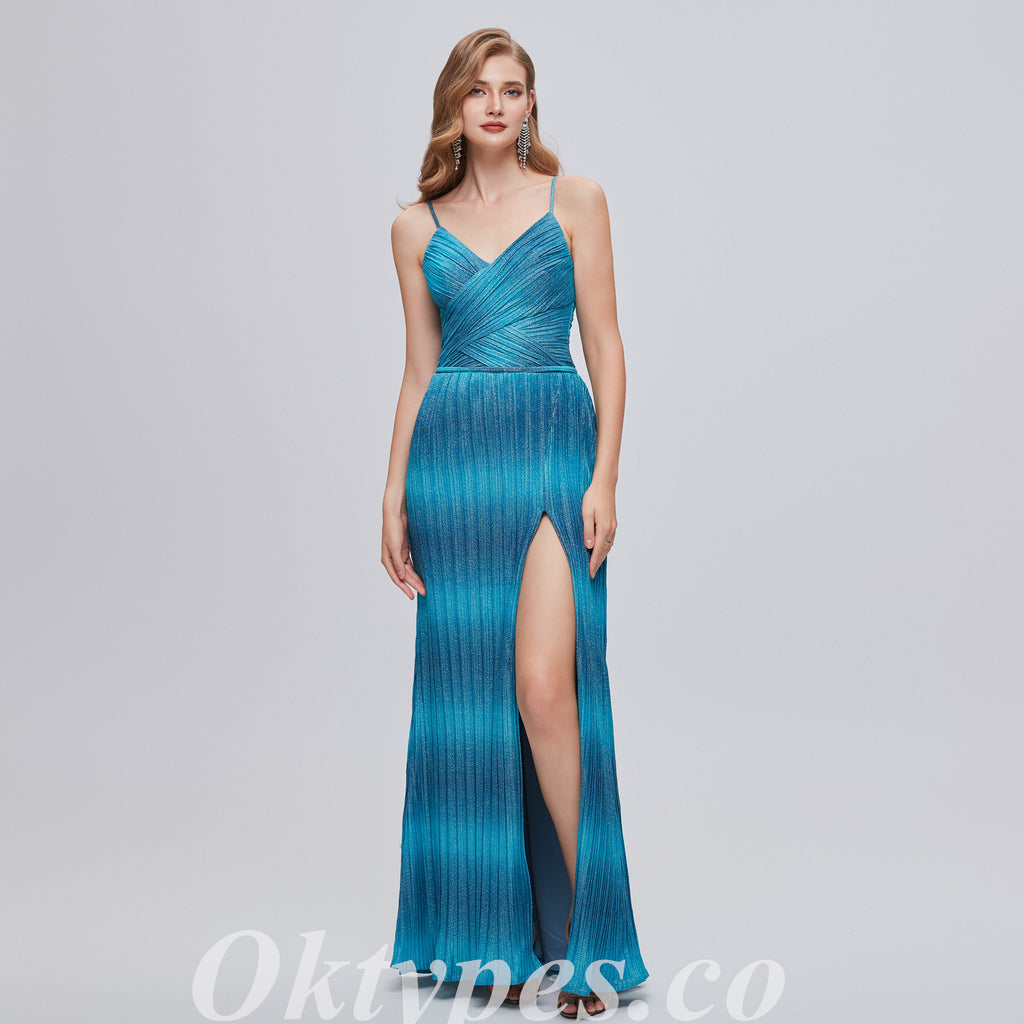 Elegant Special Fabric Spaghetti Straps V-neck Sheath Side Slit Long Prom Dresses,SFPD0349