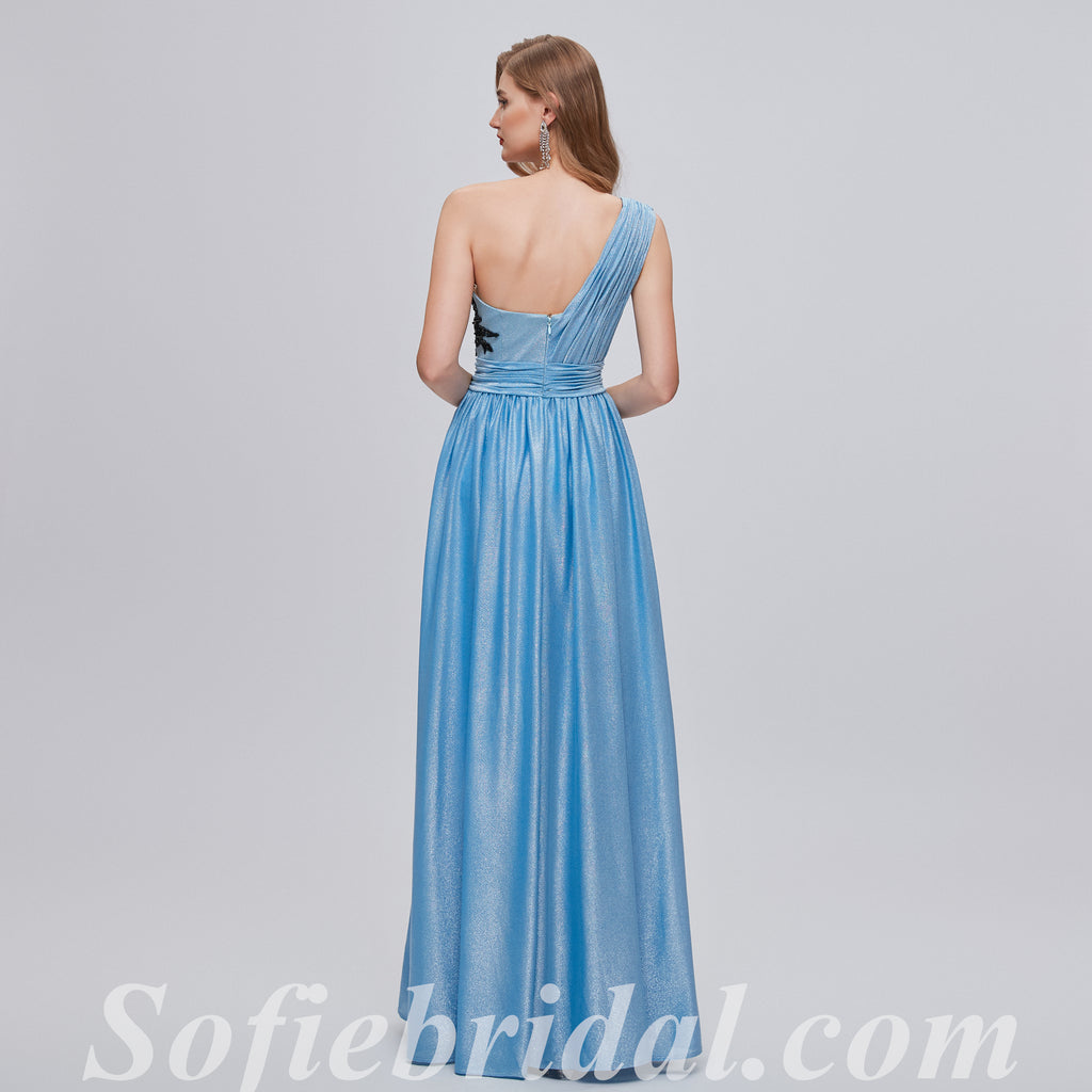 Sexy Blue Special Fabric One Shoulder A-line Side Slit Long Prom Dresses With Beading,SFPD0352