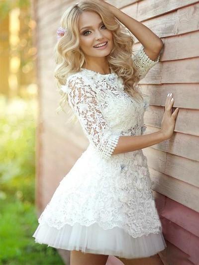 Pretty white lace long sleeve see through homecoming prom dresses, SF0 SofieBridal Pretty white lace long sleeve see through homecoming prom dresses, SF0 SofieBridal
