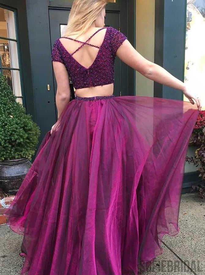 Two Piece Purple Beading Top Long tulle Prom Dress, PD0015