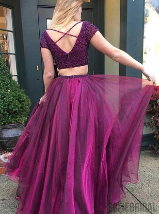Two Piece Purple Beading Top Long tulle Prom Dress, PD0015
