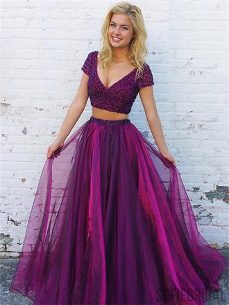 Two Piece Purple Beading Top Long tulle Prom Dress, PD0015