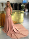 Halter Sleeveless Pockets Long Prom Dresses With Train, PD0049
