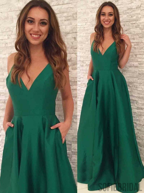 A-line Floor-length Straps V-neck Emerald Green Prom Dresses, PD0050