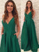 A-line Floor-length Straps V-neck Emerald Green Prom Dresses, PD0050