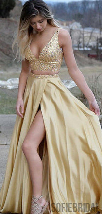 Two-pieces V-neck Beading Top Long Prom Dresses With High Split, PD0099