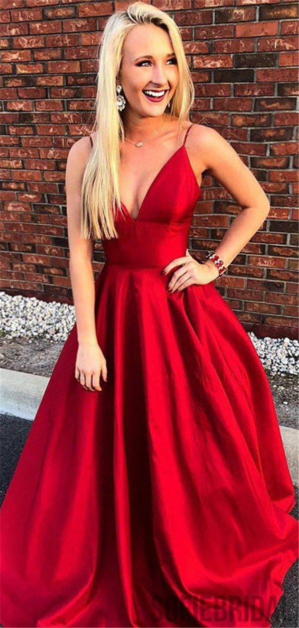 Spaghetti Straps Deep V-neck Simple Cheap Long Red Prom Dresses, PD010 SofieBridal Spaghetti Straps Deep V-neck Simple Cheap Long Red Prom Dresses, PD010 SofieBridal