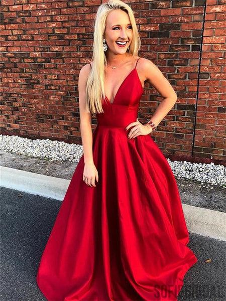 Spaghetti Straps Deep V-neck Simple Cheap Long Red Prom Dresses, PD010 – SofieBridal