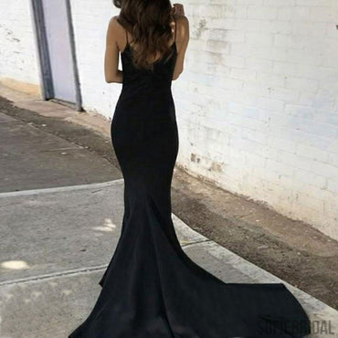 Black V-neck Spaghetti Long Mermaid Prom Dresses, Cheap Prom Dresses, PD0709