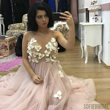 Spaghetti Long A-line Tulle Handmade Flower Prom Dresses, PD0860