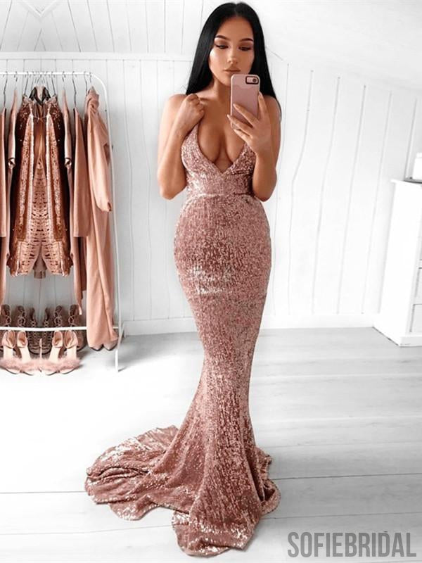 Mermaid Spaghetti Straps Backless Rose Gold Prom Dresses, PD0047 SofieBridal Mermaid Spaghetti Straps Backless Rose Gold Prom Dresses, PD0047 SofieBridal