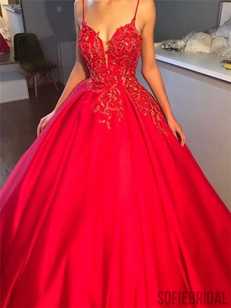 Spaghetti Straps V-neck Appliques Red Prom Dresses With Train, PD0045