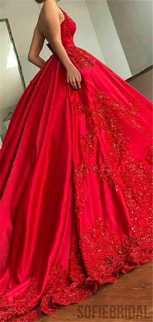 Spaghetti Straps V-neck Appliques Red Prom Dresses With Train, PD0045 ...