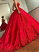 Spaghetti Straps V-neck Appliques Red Prom Dresses With Train, PD0045