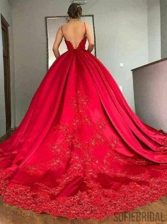Spaghetti Straps V-neck Appliques Red Prom Dresses With Train, PD0045