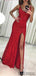 Sheath Bateau Neck Sleeveless Sequins Long Red Prom Dresses With Split, PD0100