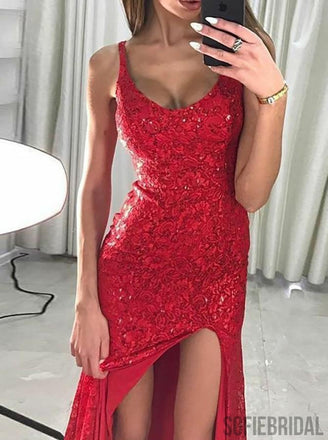 Sheath Bateau Neck Sleeveless Sequins Long Red Prom Dresses With Split, PD0100