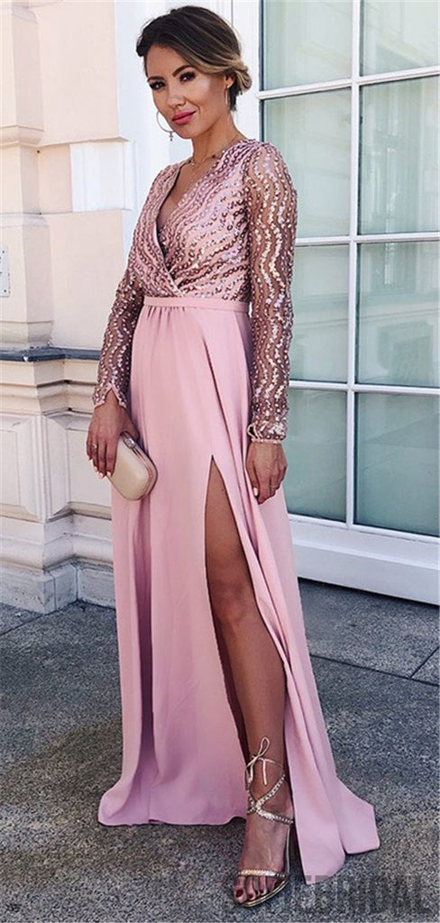 A-line V-neck Sequins Long Sleeves Prom Dress With Split, PD0012