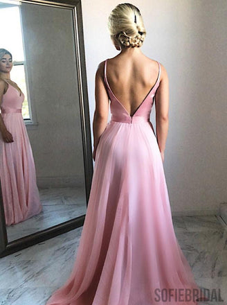 A-line V-neck Spaghetti Straps Pink Chiffon Prom Dress, PD0013