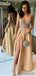 A-line V-neck Floor-length Backless Prom Dresses With Split, PD0046