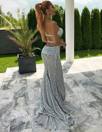 Mermaid Silver Sequins Backless Prom Dresses With Split, PD0075