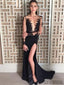 Black Appliques V-neck Long Sleeves Prom Dresses With Split, PD0071