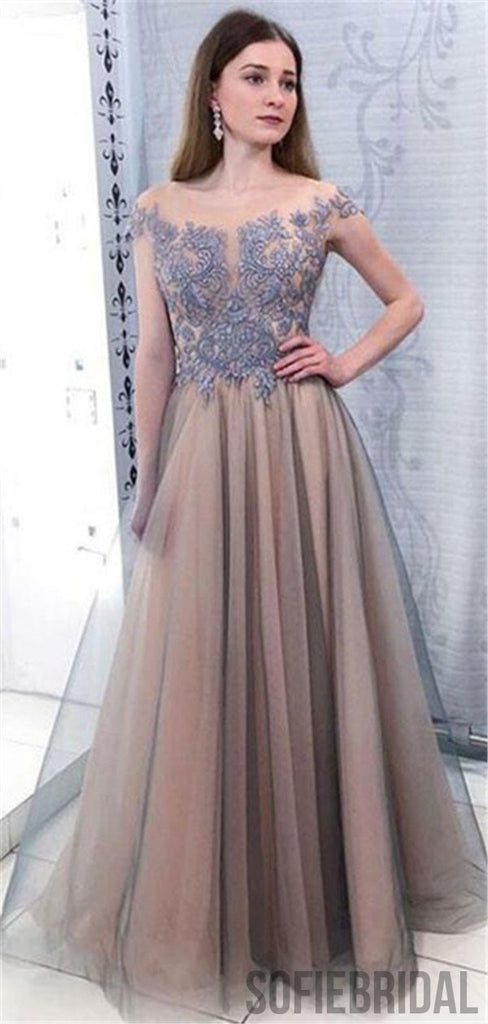 A-line Floor-length Appliques Cap Sleeves Long Tulle Prom Dresses, PD0073