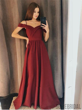 Off-shoulder Burgundy Simple Long Prom Dress With Straps, PD0011