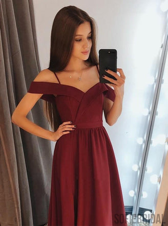 Off-shoulder Burgundy Simple Long Prom Dress With Straps, PD0011
