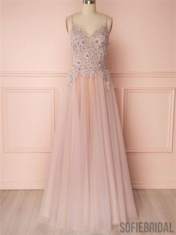 A-line Long Tulle Backless Pink Appliques Beading Prom Dress, PD0014