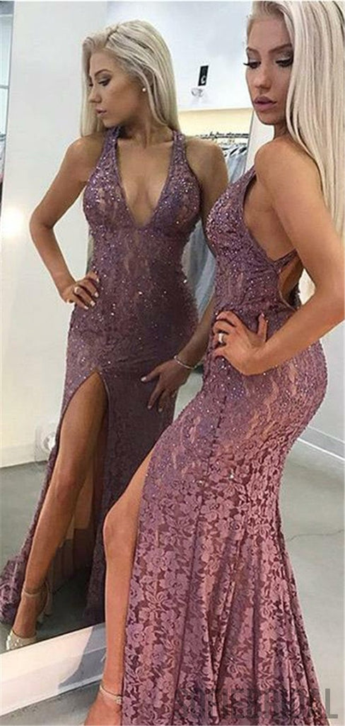 Mermaid V-neck Backless Lace Prom Dresses With Split, PD0074