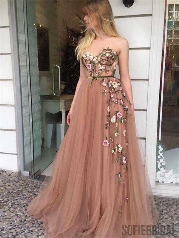 A-line Sweetheart Embroidery Long Blush Tulle Prom Dresses, PD0076