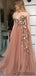 A-line Sweetheart Embroidery Long Blush Tulle Prom Dresses, PD0076