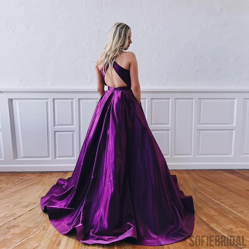 A Line Open Back Purple Long Prom Dresses With Train, PD0085