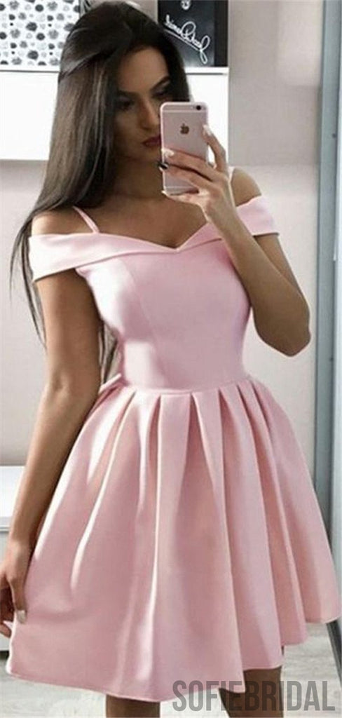 A-line Off-shoulder Pink Satin Simple Cheap Homecoming Dresses, HD0104