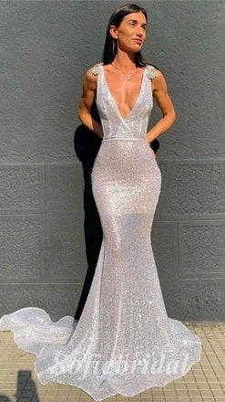 Sexy Shiny Special Fabric Spaghetti Straps Deep V-Neck Sleeveless Mermaid Long Prom Dresses, PD0818