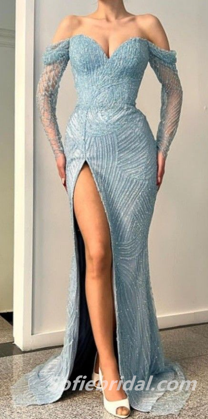 Sexy Long Sleeves Off Shoulder V-Neck Side Slit Mermaid Long Prom Dresses,SFPD0225