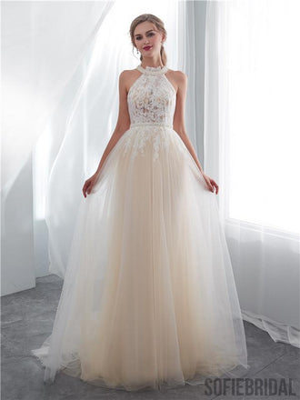 Halter Sleeveless See-though Lace Beading Long Tulle Wedding Dresses, WD0467