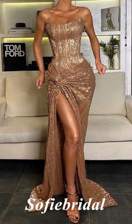 Sexy Sequin Sweetheart Sleeveless Side Slit Mermaid Long Prom Dresses,SFPD0726
