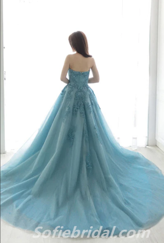 Elegant Blue Tulle Sweetheart Applique A-Line Long Prom Dresses,SFPD0321