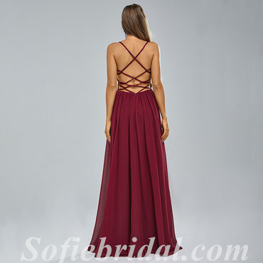 Sexy Sequin Top Chiffon Bottom Spaghetti Straps Criss Cross A-Line Long Prom Dresses,SFPD0339