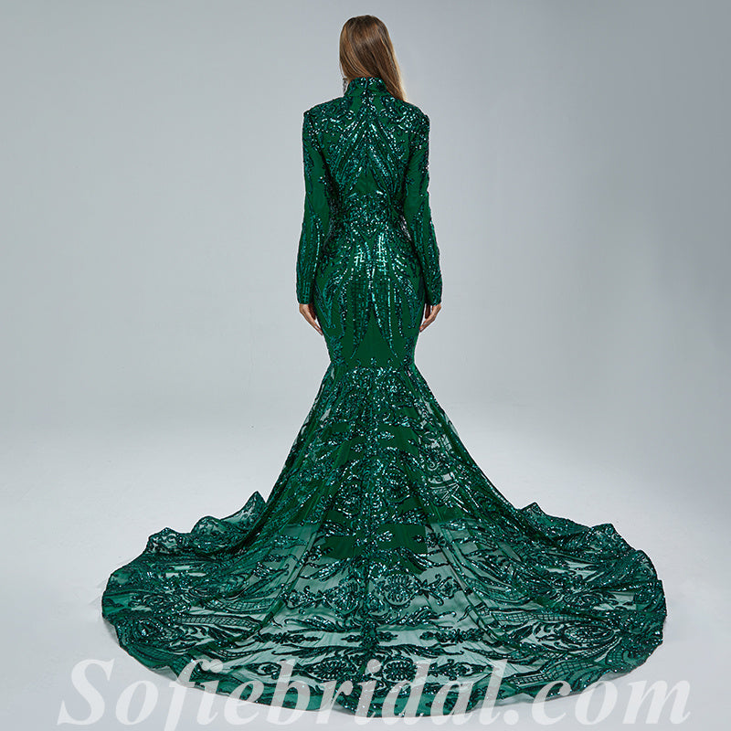 Elegant Dark Green Special Fabric Long Sleeve High Neck Mermaid Long Prom Dresses,SFPD0341
