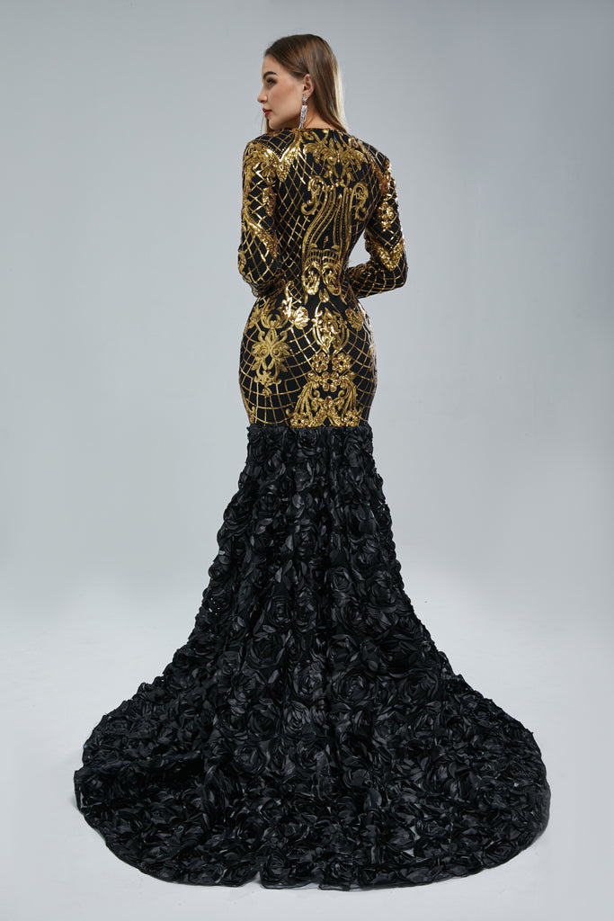 Elegant Black-Gold Long Sleeve V-Neck Mermaid Long Prom Dresses,SFPD0305