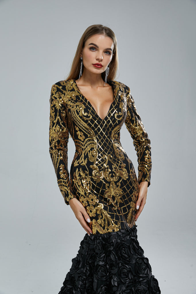 Elegant Black-Gold Long Sleeve V-Neck Mermaid Long Prom Dresses,SFPD03 SofieBridal Elegant Black-Gold Long Sleeve V-Neck Mermaid Long Prom Dresses,SFPD03 SofieBridal
