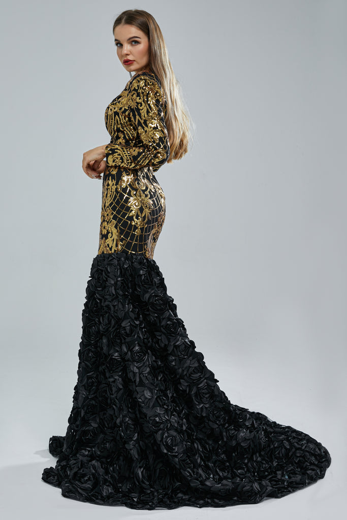 Elegant Black-Gold Long Sleeve V-Neck Mermaid Long Prom Dresses,SFPD03 SofieBridal Elegant Black-Gold Long Sleeve V-Neck Mermaid Long Prom Dresses,SFPD03 SofieBridal