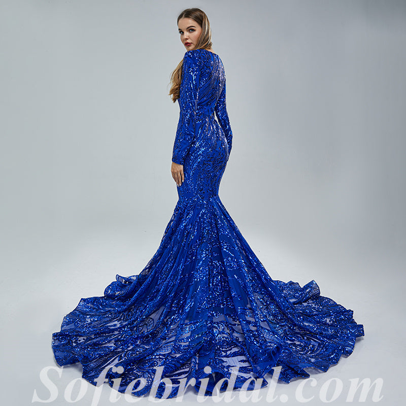 Elegant Royal Blue Special Fabric Long Sleeve V-Neck Mermaid Long Prom Dresses,SFPD0342